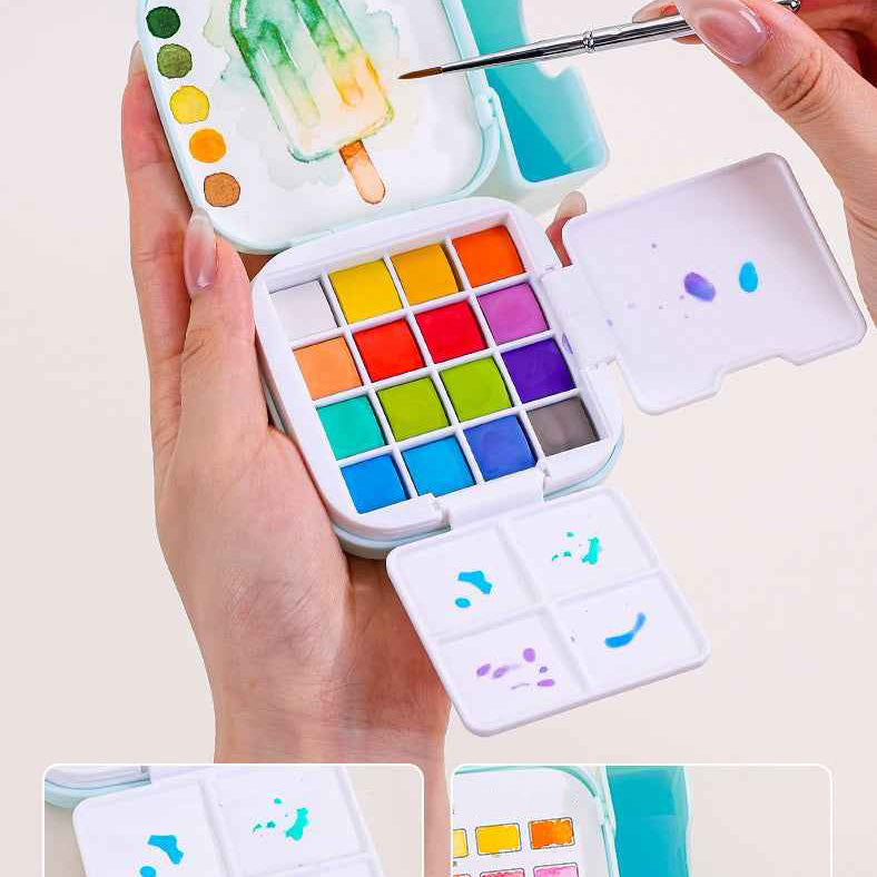 Portable Watercolor Paint Set, 16 Colors with Brushes, Pocket-Sized Watercolor Kit