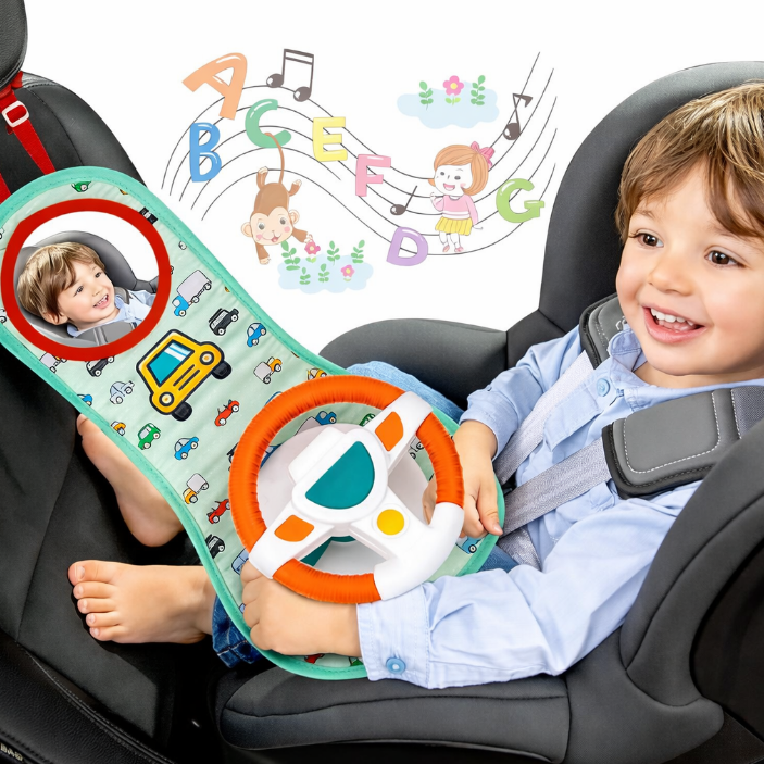 Baby Car Seat Activity Toy with Steering Wheel, Mirror, Music & Lights for Infants