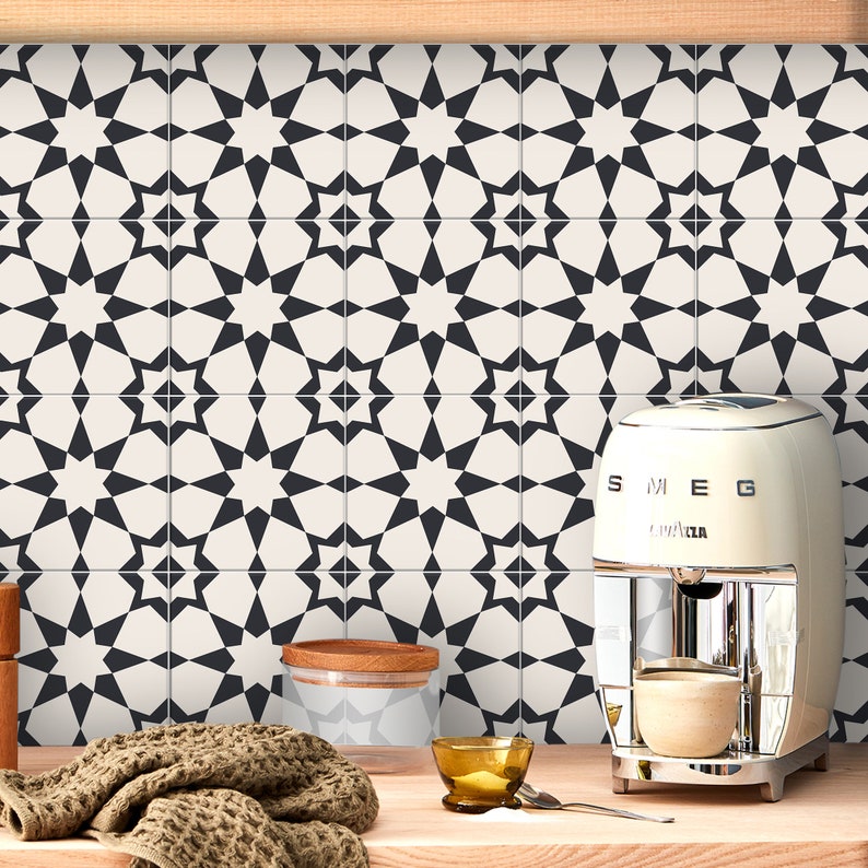 Peel and Stick Star Geometric Tile Stickers | Anti-Skid for Floors | Kitchen & Bathroom Wall Backsplash Vinyl Decals | Removable