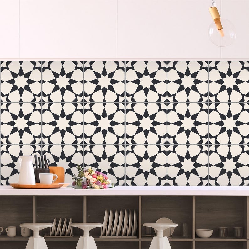 Peel and Stick Star Geometric Tile Stickers | Anti-Skid for Floors | Kitchen & Bathroom Wall Backsplash Vinyl Decals | Removable