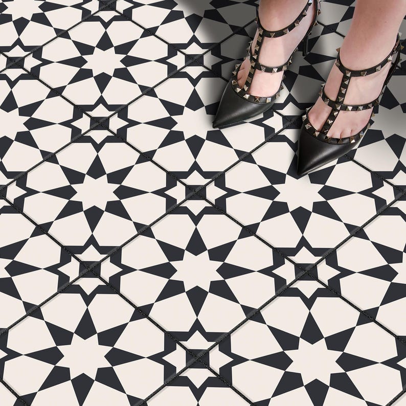 Peel and Stick Star Geometric Tile Stickers | Anti-Skid for Floors | Kitchen & Bathroom Wall Backsplash Vinyl Decals | Removable