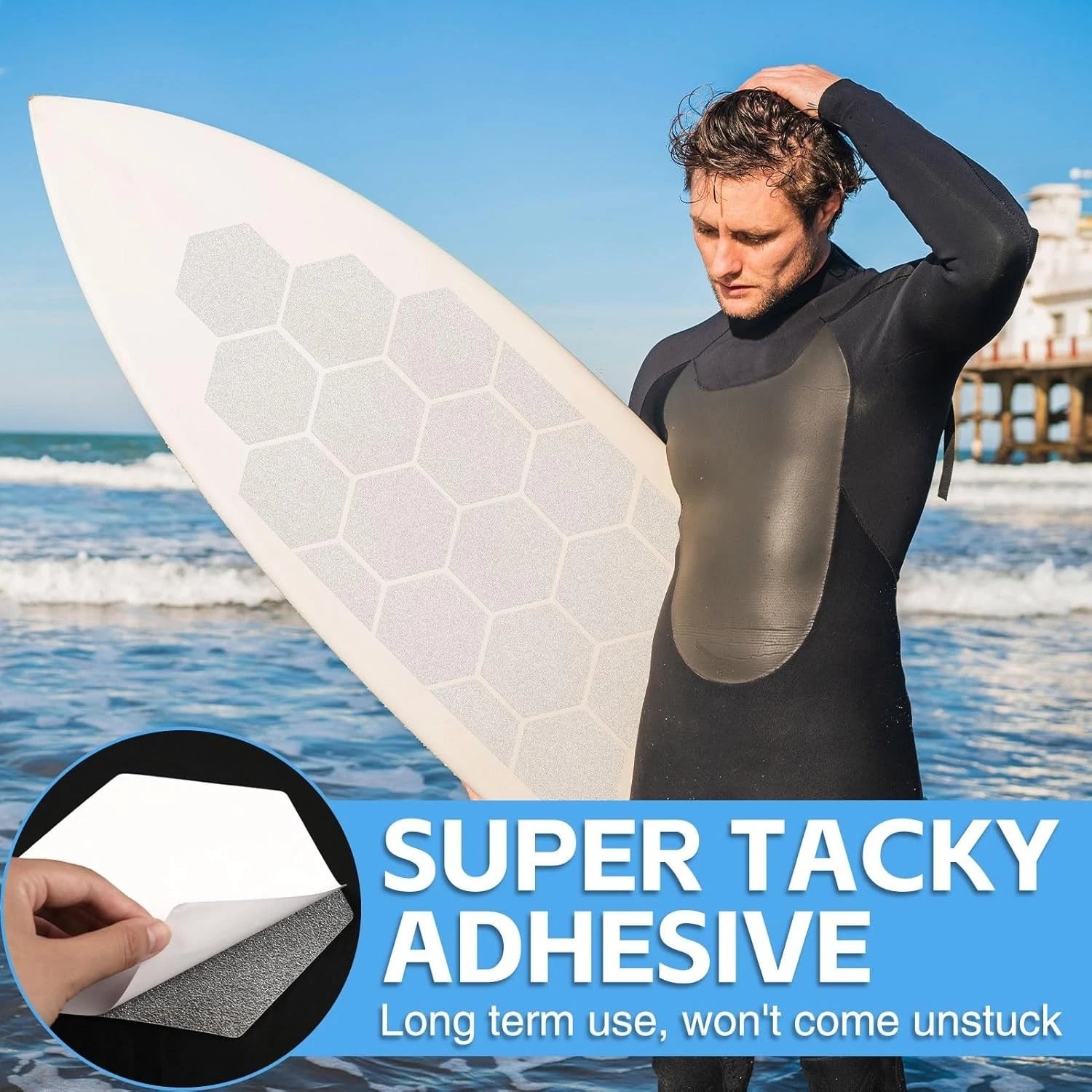 Surfboard Clear Deck Grip Pad - Waxless Hexagon Traction Surfpad DIY Accessories