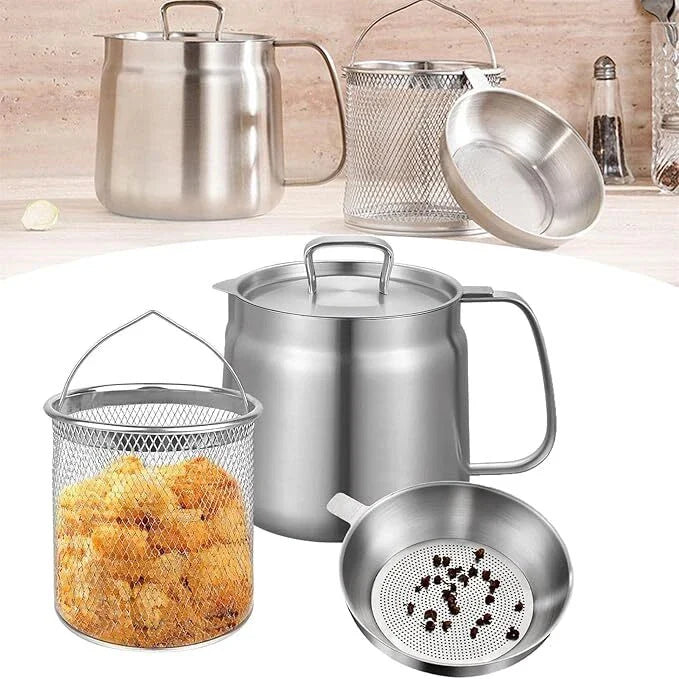 Stove Top Fryer with Basket and Strainer, 1.5/2L Stainless Steel Oil Filter Pot